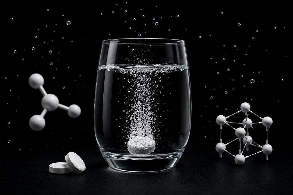 Hydrogen water tablet dissolving in a glass of water with molecular hydrogen-inspired visuals on a dark background, representing modern hydrogen-infused hydration and science-led wellness.