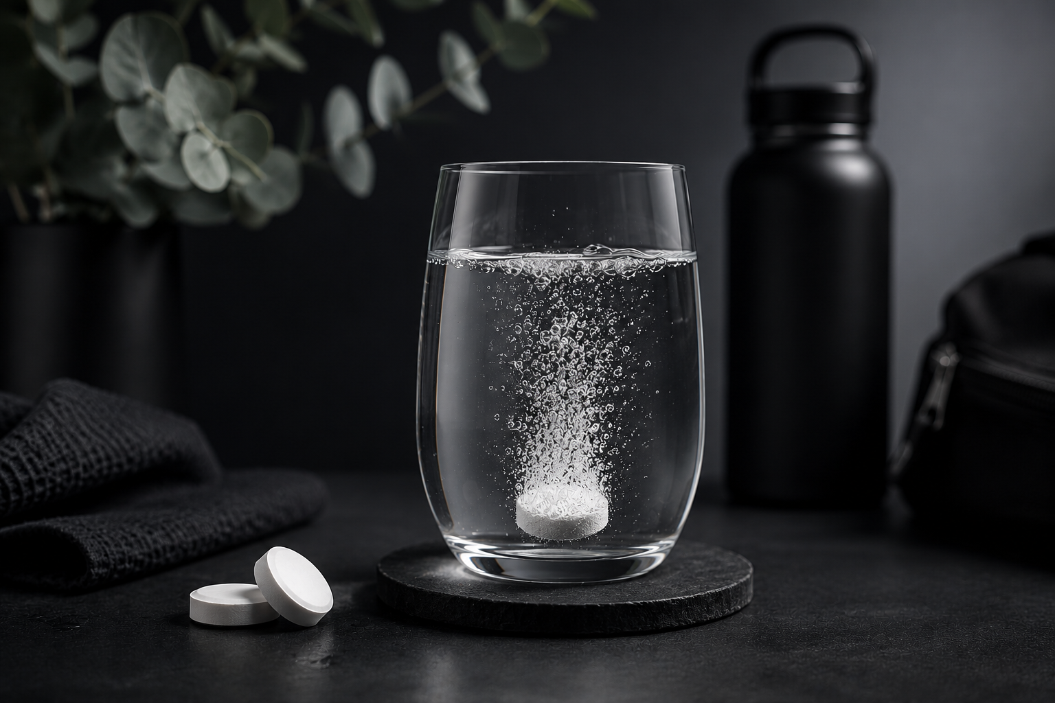 Lifestyle image of a hydrogen water tablet dissolving in a glass of water beside modern wellness essentials, representing clean hydrogen-infused hydration and a premium daily hydration routine.